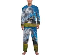 Steam Train Crosses A Green Lawn Men's Pajama Set Comfy Pj Sets Long Sleeve Shirts And Bottoms Soft Sleepwear Loungewear Sleep Sets
