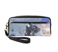 Steam Train Depart Sunset Double-Sided Printed Leather Portable Makeup Pouch-Multi-Purpose Cosmetic Bag, Pencil Case and Organizer for Women