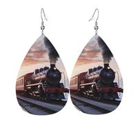 Steam Train Depart Sunset Earrings for Women Teardrop Dangle Earrings Boho Lightweight Unique Leather Earrings Fashion Pendant for Birthday Gift Fashion Jewelry