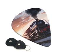 Steam Train Depart Sunset Guitar Picks 6 Pack with Leather Guitar Pick Holder Keychain, Plectrum Key Fob Cases Bag, Abstract Art Plectrum for Acoustic Electric Guitar, Ukulele 0.71mm