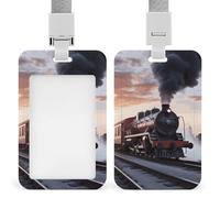 Steam Train Depart Sunset ID Badge Holder Durable ABS Plastic Card Case Protector with Lanyard,Push-Pull Slot,Stylish Lanyard ID Card Holders for Office Corporate Use
