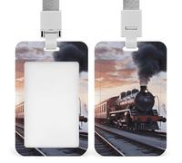 Steam Train Depart Sunset ID Badge Holder Durable ABS Plastic Card Case Protector with Lanyard, Push-Pull Slot, Stylish Lanyard ID Card Holders for Office Corporate Use