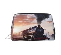 Steam Train Depart Sunset Makeup Bag for Women Cosmetic Bags Leather Travel Makeup Case Organizer Waterproof Make up Pouch Open Flat Toiletry Bag Portable Storage Pouch for Travelling, Silver, One