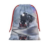 Steam Train Depart Sunset Print Santa Sack Drawstring Bags For Presents, Reusable Plush Holiday Fabric Gift Bags- L Size