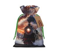 Steam Train Depart Sunset Printed Christmas Drawstring Gift Bags-Xmas Wrapping Bags,Candy Bag,For Holiday Party Decorations,Wedding Party Supplies M Green Christmas Ribbon