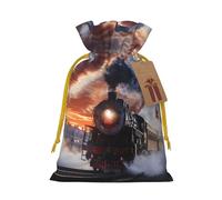 Steam Train Depart Sunset Printed Christmas Drawstring Gift Bags-Xmas Wrapping Bags,Candy Bag,For Holiday Party Decorations,Wedding Party Supplies S Yellow Christmas Ribbon