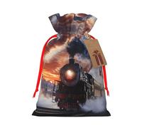 Steam Train Depart Sunset Printed Christmas Drawstring Gift Bags-Xmas Wrapping Bags,Candy Bag,For Holiday Party Decorations,Wedding Party Supplies M Red Ribbon