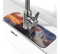 Steam Train Depart Sunset Printed Diatomite Kitchen Faucet Mat, Water Absorbent Sink Splash Guard, Quick Drying Faucet Pad , Non-Slip Sink Accessories for Kitchen Bathroom Counter (15" X 5.5" )