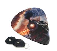 Steam Train Depart Sunset Printed Guitar Picks, 6 Pack with Leather Keychain Pick Holder - 0.46mm, 0.71mm, 0.96mm Assorted Thickness for Acoustic Ukulele, Electric Guitar, Acoustic Guitar, Bass