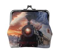 Steam Train Depart Sunset Printed Kiss-lock Coin Purse Wallet - Leather Mini Change Pouch Holder for Men Women