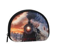 Steam Train Depart Sunset Printed Mini Coin Pouch, Shell Shape Zip Around Wallet, Small Zipper Pouch for Cash, Cards, Keys, Lipstick, Storage Pouch, Travel Organizer