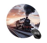 Steam Train Depart Sunset Round Mouse Pad Cute Funny Computer Mousepad Premium Washable Desktop Protection Mouse Mat with Non-Slip Rubber Base for Home Office