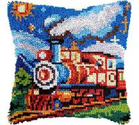Steam Train DIY Latch Hook Pillow Kits for Adults Pillowcase with Preprinted Throw Pillow Crochet Yarns Knitted Latch Hooking Cushion for Home Sofa 17x17inch(z203)