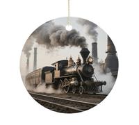 Steam Train Double-Sided Ceramic Christmas Ornaments - Round Hanging Mini Xmas Tree Decorations, Ideas for Farmers, Rustic Home Decor for Indoor Outdoor Tree Decor