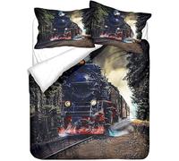 Steam Train Duvet Cover Double Black and Gray Retro Bedding Set 3D Print Soft Microfiber Quilt Covers 200x200 cm with Zipper Closure and 2 Pillowcases 50x75 cm for Adults I.3610