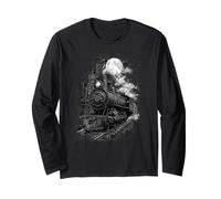 Steam Train Full Moon Night Railroad Retro Art Long Sleeve T-Shirt