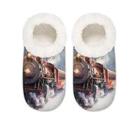 Steam Train House Slippers for Women Men, Winter Christmas Snowflake Memory Foam House Shoes Comfy Anti-Slip Slipper Socks for Indoor Bedroom, Sizes 9-10.5