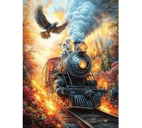 Steam Train in A Fiery Forest 300 Pieces Premium Jigsaw Puzzle Science Fiction Magical Dream Adult Jigsaws Educational Challenge Mental Exercise Wall Art Winter Rigid Cardboard 300 PCS
