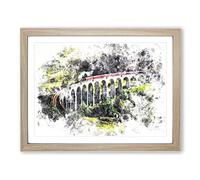 Steam Train In Scotland Modern Watercolour HRZ Modern Framed Wall Art Print, Ready to Hang Picture for Living Room Bedroom Home Office Décor, Oak A4 (34 x 25 cm)
