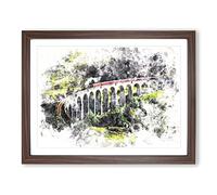 Steam Train In Scotland Modern Watercolour HRZ Modern Framed Wall Art Print, Ready to Hang Picture for Living Room Bedroom Home Office Décor, Walnut A4 (34 x 25 cm)