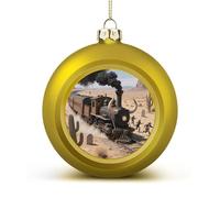Steam Train in The Desert Christmas Ball Ornament - 2.4 Inch Shatterproof Plastic Xmas Tree Decorations, Golden Christmas Tree Decor Hanging Ball for Holiday Wedding Party Decor