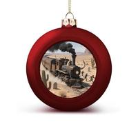 Steam Train in The Desert Christmas Ball Ornaments - Red Shatterproof Plastic Vintage Rustic Xmas Tree Decorations Pendant for Family Holiday Wedding Party Xmas Hanging Decoration