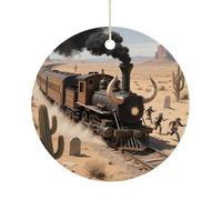Steam Train in The Desert Double-Sided Ceramic Christmas Ornaments - Round Hanging Mini Xmas Tree Decorations, Ideas for Farmers, Rustic Home Decor for Indoor Outdoor Tree Decor