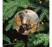 Steam Train in The Valley Ceramic Christmas Ornament - 4 Pcs Xmas Tree Porcelain Hanging Ornaments, Round Farmhouse Pendant for Xmas Tree, Holiday Party Decorations & Festive Gift 2.8 Inch