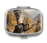 Steam Train in The Valley Pill Box - 2 Compartment Travel Pill Organizer with Small Mirror, Portable Pillcase for Pocket & Purse, Cute Square Medicine Case, Weekly Medicine Container