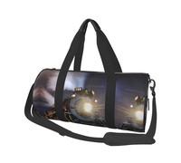 Steam Train Large Round Travel Duffle Bag, Full-Print Canvas Weekender with Padded Lining, Multiple Pockets,Detachable Shoulder Strap and Soft Leather Handles