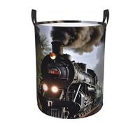 Steam Train Laundry Basket with Handles Round Laundry Hamper Waterproof Clothes Storage Basket Collapsible Tall Basket Organizer Lightweight Dirty Clothes Hamper Small