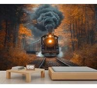 Steam Train Mural Autumn Forest Wallpaper Retro Romance Wall Mural Panoramic Office Reception Studio Backdrop Custom Photo Wallpaper (Non-self-Adhesive)