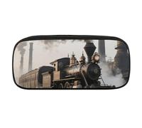 Steam Train Pencil Case Waterproof Leather Pencil Pouch Multi-purpose Aesthetic Makeup Bag Cute Pen Bag Large Cosmetic Bag for Office Stationery, Travel