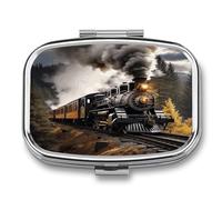 Steam Train Pill Box 2-Compartment Portable Pill Case Square Metal Medication Organizer Small Weekly Medication Case with Mirror Stylish Vitamin Holder for Purse Pocket Travel