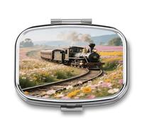 Steam Train Pill Box 2-Compartment Portable Pill Case Square Metal Medication Organizer Small Weekly Medication Case with Mirror Stylish Vitamin Holder for Purse Pocket Travel