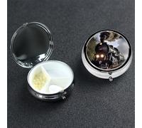 Steam Train Pill Box 3 Compartment Round Metal Pill Case for Purse & Pocket, Portable Medicine Organizer Travel Pillbox Daily Pill Container Holder to Hold Vitamins, Fish Oil