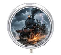 Steam Train Pill Box 3 Compartment Round Metal Pill Organizer Portable Mini Travel Medicine Case with Mirror Cute Medicine Container Holder for Pocket Purse