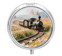 Steam Train Pill Box 3 Compartment Round Metal Pill Organizer Portable Mini Travel Medicine Case with Mirror Cute Medicine Container Holder for Pocket Purse