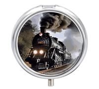 Steam Train Pill Box 3 Compartment Travel Pill Organizer 3 Times A Day Cute Mini Pill Case for Purse & Pocket Portable Metal Medicine Box with Mirror Round Daily Medicine Vitamin Container