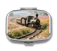 Steam Train Pill Box Travel Pill Organizer 2-Compartment with Mirror Design Portable Square Medicine Case for Vitamins, Jewelry & Essentials Durable Pocket Pillcase for Purse, Camping