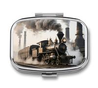 Steam Train Pill Box Travel Pill Organizer with 2 Compartments, Weekly Pill Case with Mirror for One Day, Medicine Organizer for Purse, Pocket or Wallet