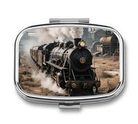 Steam Train Pill Box Travel Pill Organizer with 2 Compartments, Weekly Pill Case with Mirror for One Day, Medicine Organizer for Purse, Pocket or Wallet