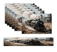 Steam Train Placemats Set of 7 Exquisite Linen Table Mat Seven Piece Set Includes 13"x71" Fashion Table Runner and 12"x18" Place Mat Decor for Kitchen Dining Room