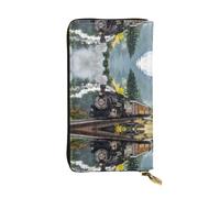 Steam Train Print Leather Long Clutch Wallet for Women â€“ Fashionable with Multiple Card Slots, Coin Pocket, Black, One Size