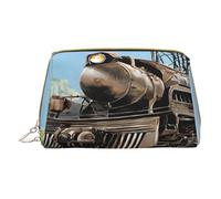 (Steam Train) Print Pu Leather Makeup Bag with Zipper Pocket Compact Organizer for Travel/Purse