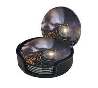 Steam Train Print Round Leather Coasters - Set Of 6, Ultra-Fiber Pu Leather
