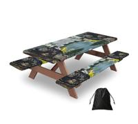 Steam Train Print Waterproof Picnic Table Cover With Bench Cover Set Of 3 Elastic Edge Durable Outdoor Tablecloth