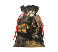 Steam Train Printed Christmas Drawstring Bags for Party Xmas Gift Wrapping, Red Christmas Ribbon, S