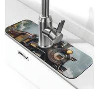 Steam Train Printed Diatomite Kitchen Faucet Mat, Water Absorbent Sink Splash Guard, Quick Drying Faucet Pad , Non-Slip Sink Accessories for Kitchen Bathroom Counter (15" X 5.5" )