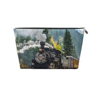 Steam Train Printed Leather Travel Toiletry Makeup Bag with Silver Zipper for Women on the Go